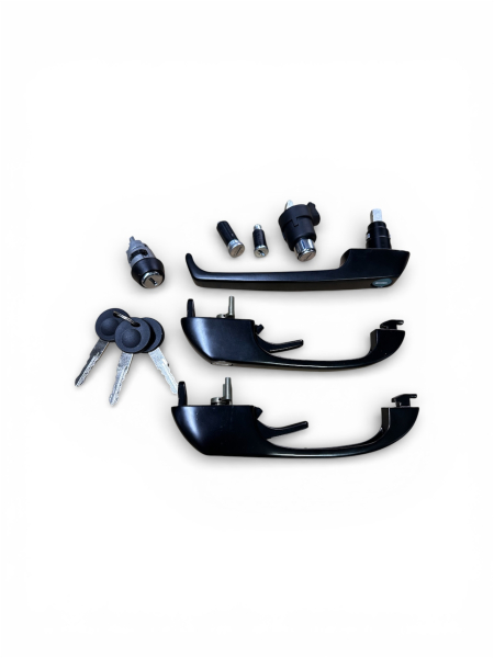 Komplette Schließgarnitur für VW T3 bis 1984: Zündschloss, Türgriffe, Schiebetürgriff und Heckschloss mit 3 Schlüsseln.hwarz-rechts-VW-Bus-T3-251843704E